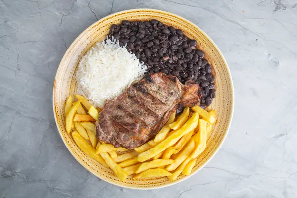 Beef Steak, Fries, Black Beans And Rice