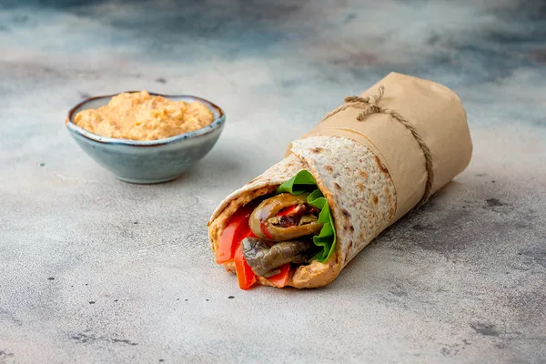 Spicy Eggplant And Muhammara Hummus Wrap